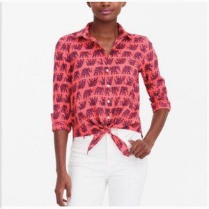 J. Crew Tie Waist Button Up Shirt Long Sleeve Elephant Print Pink Navy  XS